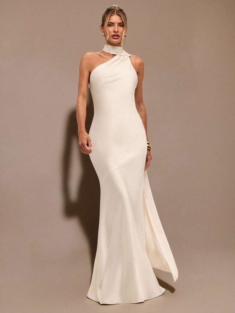 SHEIN BAE Vestido Assimétrico de Ombro Único Sexy e Minimalista de Cetim Cor de Damasco, com Costas Vazadas e Amarração, Adequado para Festa, Festa de Coquetel, Ocasiões Formais, Vestido de Dama de Honra, Mini Vestido de Aniversário - Damasco - Visão 3