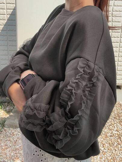 FRIFUL 女式宽松圆领灯笼袖运动衫，多层网眼装饰，休闲街头风格，保暖内衬，厚款，适合秋冬季