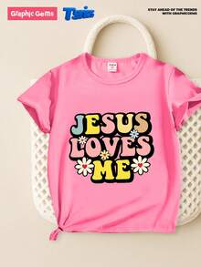 GraphicGems 年轻女孩休闲短袖 T 恤，带标语和花卉印花，夏季 - 粉色 - 查看 1