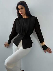 Firerie Áo cánh tay dài xếp ly cổ tròn màu trơn thời trang cho nữ - màu đen - Xem 5