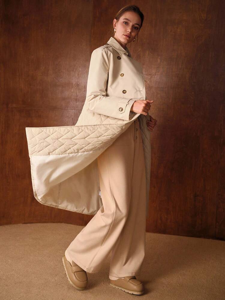 FASHIONABLE WAIST CINCHING VINTAGE STYLE DOUBLE-BREASTED QUILTED COAT, VERSATILE & ELEGANT, AUTUMN/WINTER