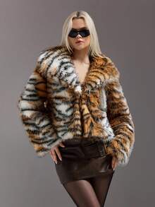 SHEIN ICON 女式虎纹仿毛领长袖夹克，秋冬 - 彩色 - 查看 4