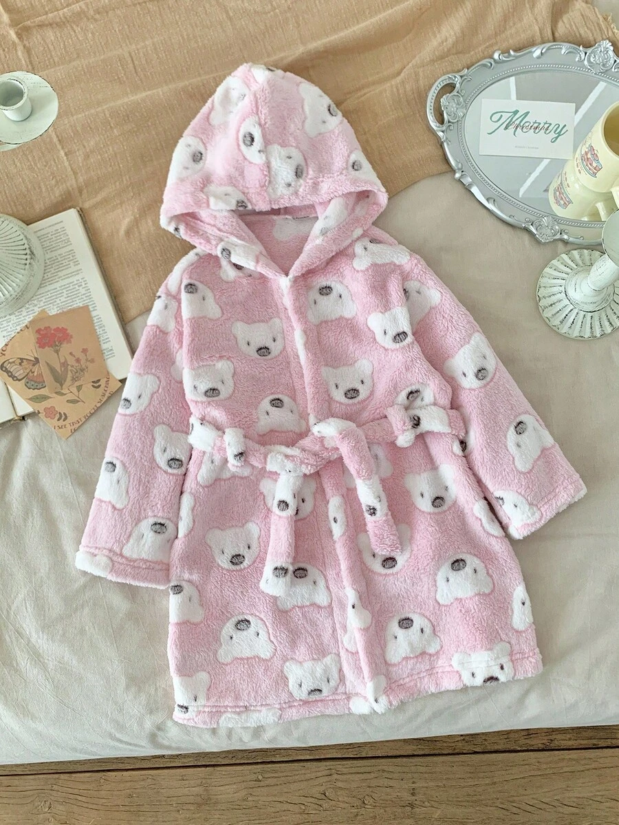 SHEIN 少女卡通图案连帽领长袖家居服，粉色 - 粉色 - 查看 1