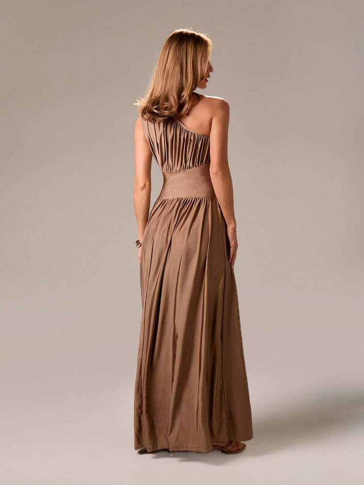 One Shoulder Pleated Maxi Dress With Empire Waist