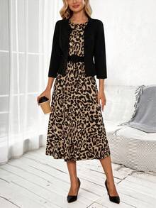 EMERY ROSE Women's Solid Color 3/4 Sleeve Open Front Jacket And Leopard Print Sleeveless Dress Elegant 2-Piece Set, Autumn - Khaki - View 9
