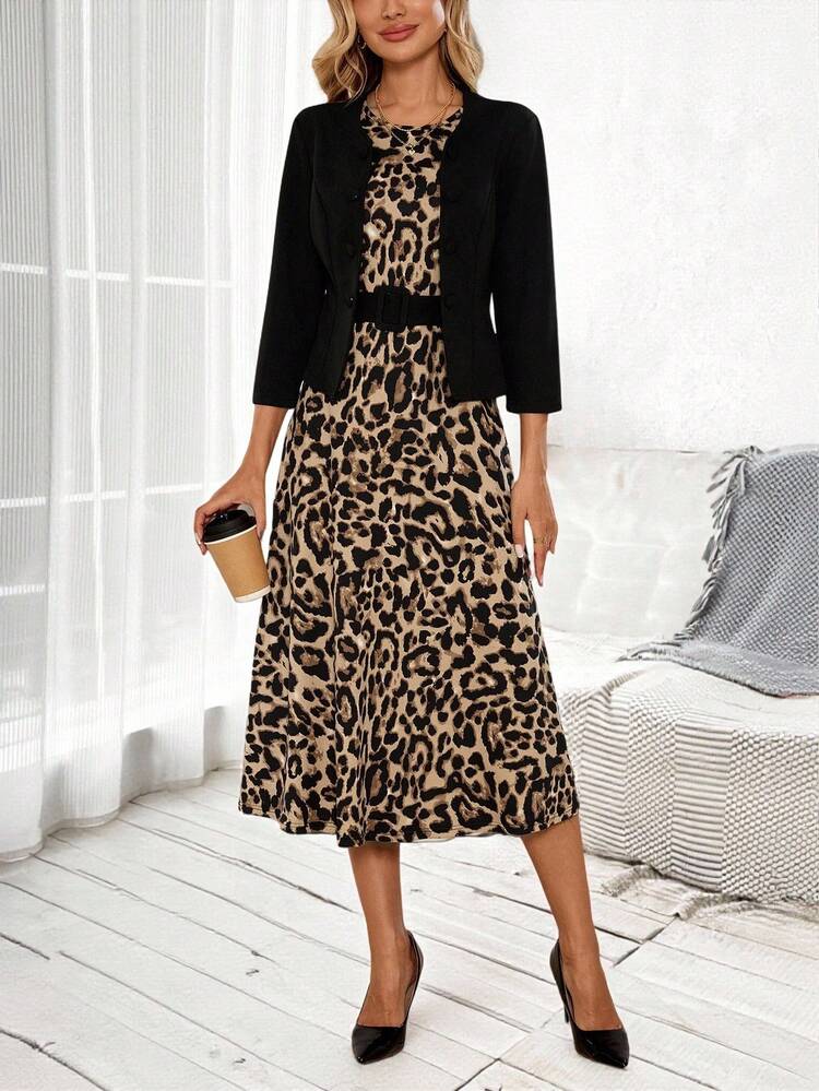 Veste à col ouvert à manches 3/4 de couleur unie et robe sans manches imprimée léopard, ensemble élégant 2 pièces pour femmes, automne