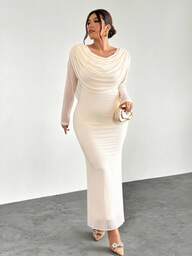 Firerie Plus Size Elegant & Comfortable Party, Gathering, Date, Ball, Holiday High-End Occasion Afternoon Tea Elastic Mesh Ruffle Collar Waist Cinched Women Long Sleeve Dress, Autumn/Winter