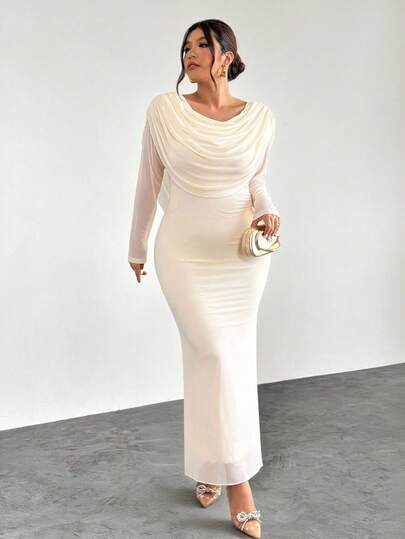 Firerie 加大码优雅舒适派对、聚会、约会、舞会、节日高端场合下午茶弹力网眼荷叶边领收腰女式长袖连衣裙，秋冬