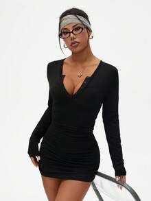 Dewbera Women's Black Autumn Basic Sexsy Party Ruched Bodycon Crew Neck Long Sleeve Athletic Sports Mini Dress,Casual Skin Soft Dresses For Women - Black - View 3