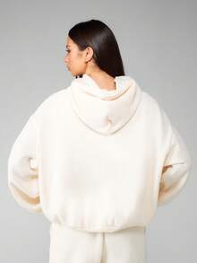 MISSGUIDED Oversized Fleece Hoodie With Bow Logo Embroidery Drawstring Winter Casual Loungewear Sweatshirt For Leisure Daily Comfort - Beige - View 2