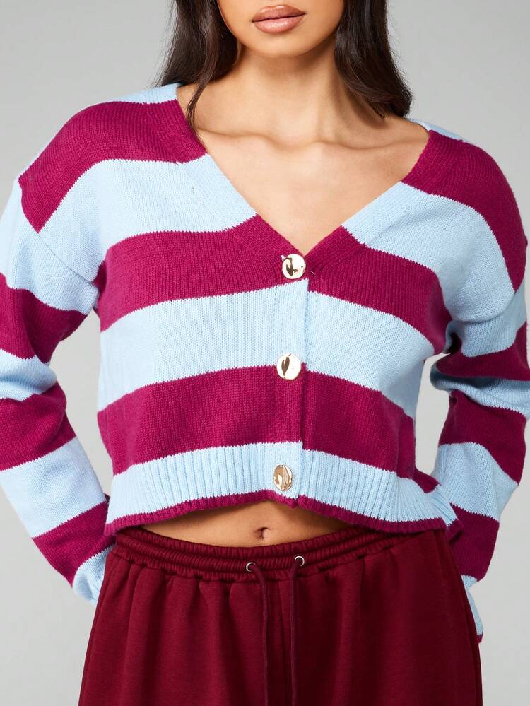 MISSGUIDED Cardigan court à rayures en tricot avec boutons, col en V, manches longues, ourlet côtelé. Mode d'hiver et d'automne, tricot douillet et décontracté