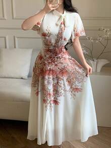 Modelyn Tie-Up Waist Ruched Floral Print Flared Dress For Women - Multicolor - View 6