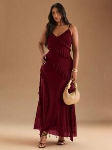 SHEIN BAE Đầm maxi cổ yếm in hoa họa tiết da báo thời trang mùa hè thanh lịch dành cho nữ cỡ lớn, thích hợp cho các buổi hòa nhạc, đi làm tốt nghiệp - Màu Đỏ Sâu - Xem 5