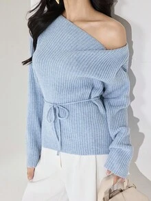 Modelyn 女士纯色系带休闲套头毛衣秋冬女装 - 藍色 - 查看 5