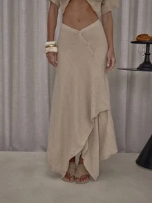 MUSERA Asymmetric Button Down Dipped Waist Knitted Maxi Sweater Skirt Co-Ord Bottoms Only Classy Casual Sexy Streetwear Going Out Toffee Evening Party Elegant Spring - Khaki - View 3