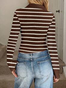 SHEIN LUNE Women's Casual Striped Slim Fit T-Shirt, Suitable For Autumn/Winter Coffee Brown Top - White - View 3