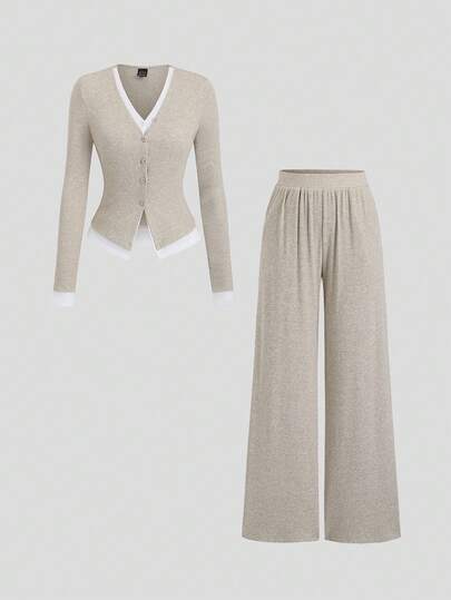 Sweetra 秋冬休闲宽松二合一上衣阔腿裤套装女士燕麦色