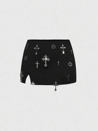 ROMWE Avant Falda lápiz ajustada con abertura alta, decoración cruzada y estilo retro sexy de subcultura para mujer