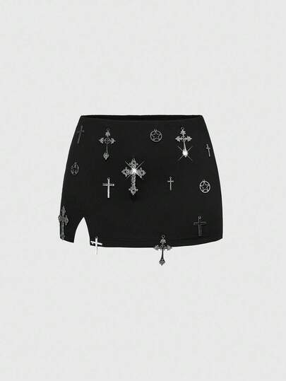 ROMWE Avant Jupe crayon moulante fendue haute avec décoration croisée, style rétro sexy sous-culture pour femmes