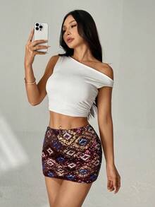 SHEIN PETITE 女士半身裙亮片珠子闪亮材质派对音乐节适合度假 - 棕色 - 查看 5