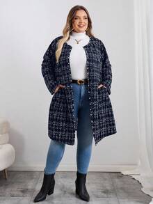 SHEIN CURVE+ Curve 大码/秋装/秋季女装/女冬装/冬装大码女式冬季夹克，仿粗花呢图案前开长袖外套，配珍珠纽扣和口袋，大码女装 8xl 大码外套，大码冬季外套，大码粗花呢外套，女士秋装，冬季，CURVE PLUS/秋季/冬季 - 藏蓝色 - 查看 7