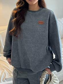 SHEIN Teen Girls Grey Knit Basic Sweatshirt And Pants Set, Winter - Dark Grey - View 6