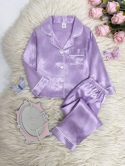2pcs Young Girl Butterfly Pattern Long Sleeve Cardigan And Pants Homewear Set