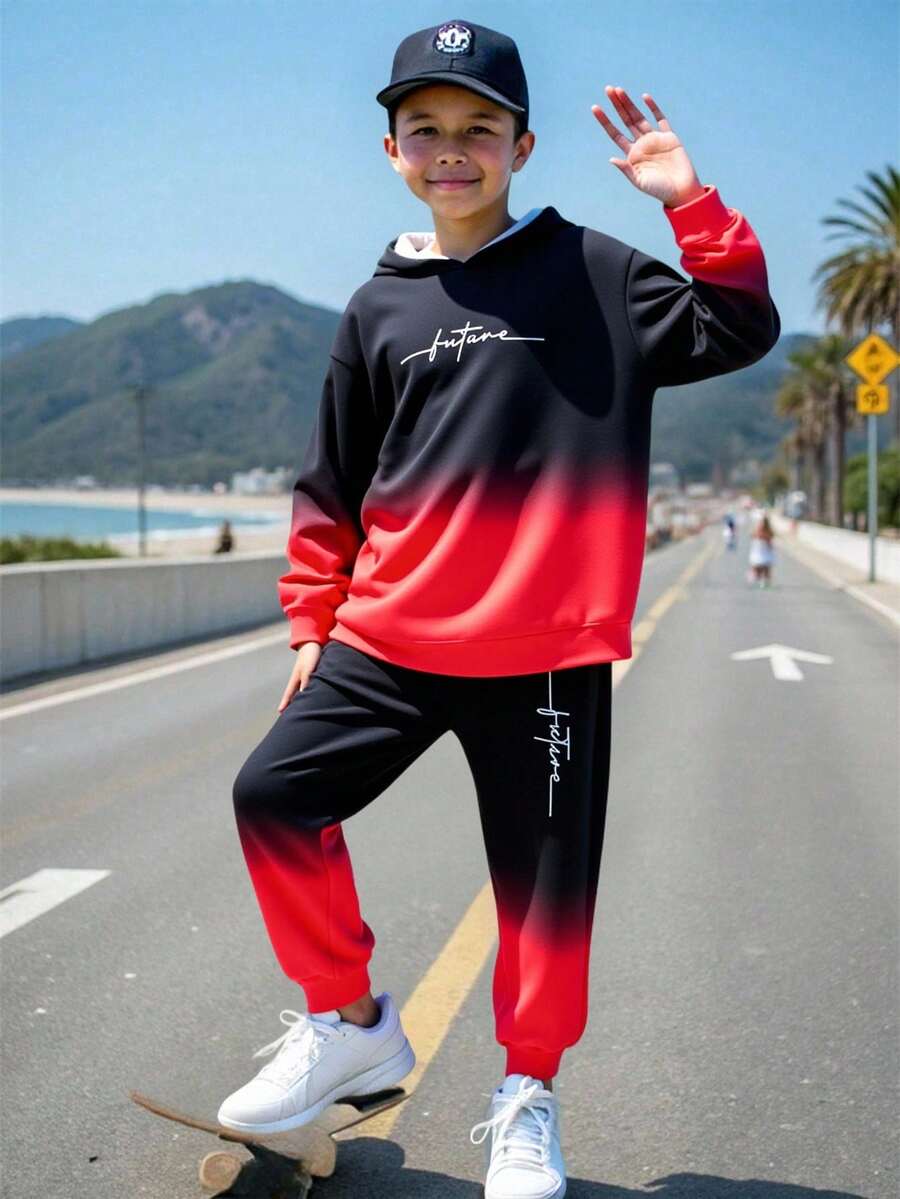 SHEIN 2 件套 Tween Boy 休闲渐变色手写字母图案连帽衫和松紧腰裤套装,适合秋季、春季、冬季,适合户外玩耍、学校、街头摄影、派对和居家休闲,性价比高 - 紅色 - 查看 1