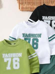 SHEIN Playful Pals 6pcs/Set Baby Boy Letter & Stripe Print Long Sleeve Crew Neck Sweatshirt And Jogger Pants Set, Baby Hoodies, Trousers, Baby Boy Sportswear Set, Infant Activewear, Black/White/Gray, Suitable For Autumn/Winter Winter Clothes - Multicolor - View 7