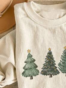 INAWLY Áo nỉ dài tay cổ tròn in hình cây thông Noel thời trang tối giản dành cho nữ, quà tặng cho bạn bè, mùa thu/đông - Màu Khaki - Xem 3