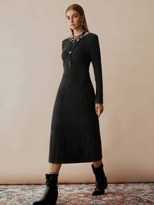 Florisole Vintage verwaschenes gestricktes rückenloses Lässig Kleid mit Kordelzug für Frauen, Herbst