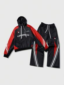 ROMWE MEN Prep 2 件男士运动赛车元素连帽运动衫和配套运动裤套装，适合秋冬季日常穿着 - 彩色 - 查看 6