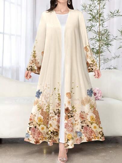 SHEIN Najma 女士时尚长袖休闲花卉印花阿拉伯长袍，适合春秋季节