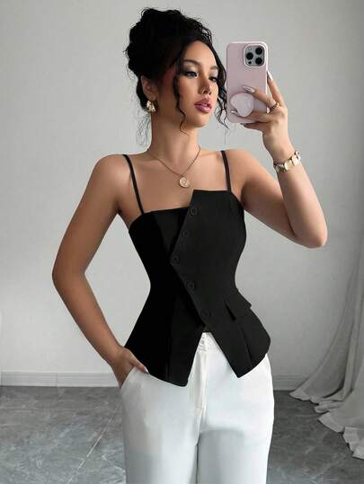 Elenzga 2025 Nuevo diseño asimétrico azul, versátil y de moda para uso casual y de oficina, con cintura ceñida y camiseta sin mangas