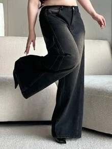 Dazy Plus Jeans en denim à jambes larges et lâches, taille élastique, grande taille, toutes saisons - Noir - Voir 6