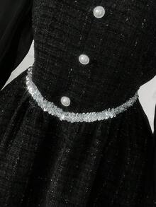 SHEIN Clasi Christmas Plus Size Women Black Autumn Elegant Formal Evening Vintage French Chic Sequins Ribbon Bowknot Button Knee-Length Dress,Halloween Costume - Black - View 2