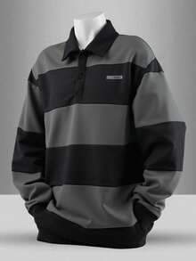 SHEIN Teens Boys Colorblock Striped Polo Shirt Sweatshirt,Casual Street Style Splice Detail Decor Collar Top,Versatile Comfortable Autumn Streetwear Polos - Multicolor - View 1