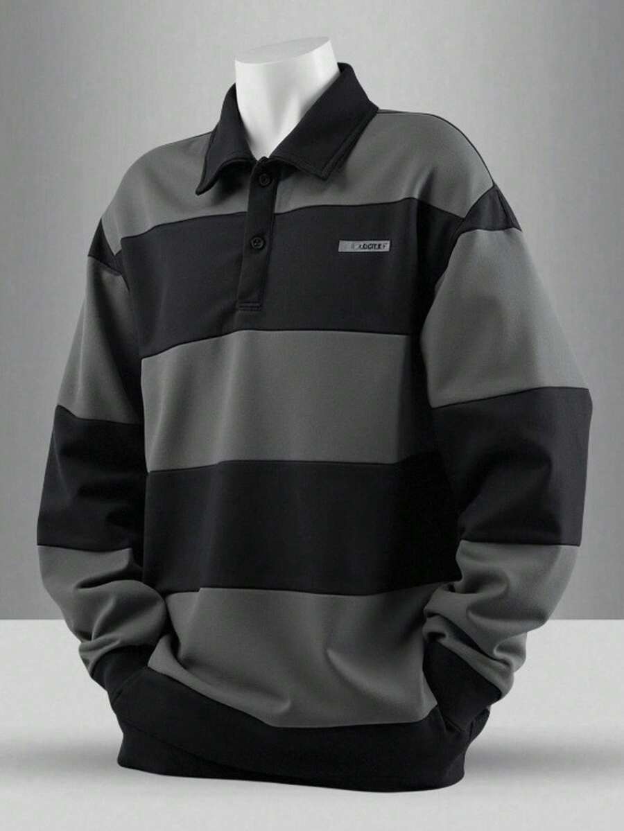 SHEIN Teens Boys Colorblock Striped Polo Shirt Sweatshirt,Casual Street Style Splice Detail Decor Collar Top,Versatile Comfortable Autumn Streetwear Polos - Multicolor - View 1