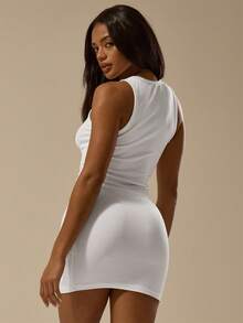 MUSERA ESSENTIALS 罗纹领修身连衣裙迷你基础款夏季可爱休闲白色连衣裙女装基础款伊比沙岛音乐会锐舞节假日度假夜生活生日约会派对休闲连衣裙晚宴优雅新娘单身派对单身告别单身派对婚礼复活节 - 白色 - 查看 4