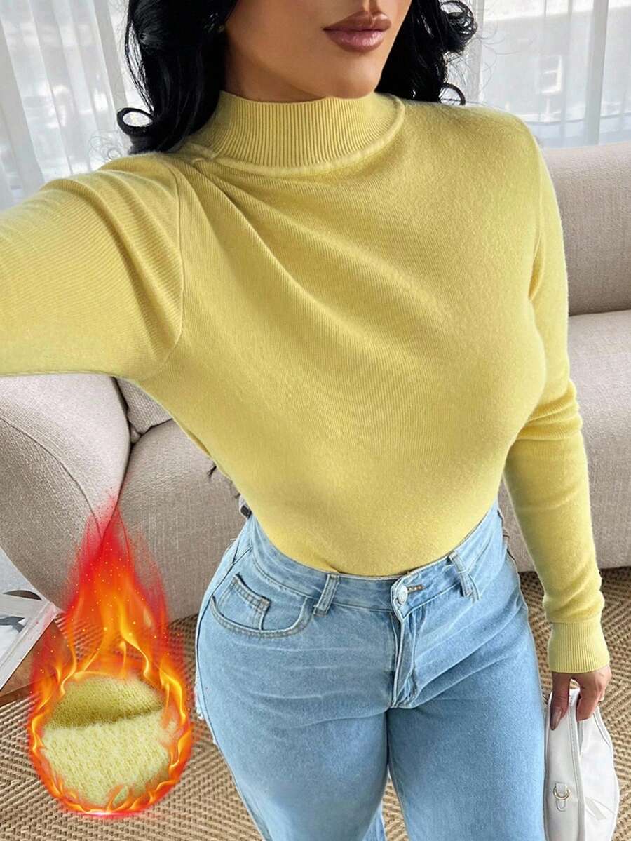 SHEIN SXY Nuevo suéter de cuello alto ajustado de unicolor para otoño/invierno, forrado térmico y grueso para mujer - Amarillo - Ver 1