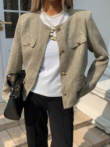 Livesso 女士休闲常规款夹克，复古硬币图案，秋季女式外套 - 卡其色 - 查看 1