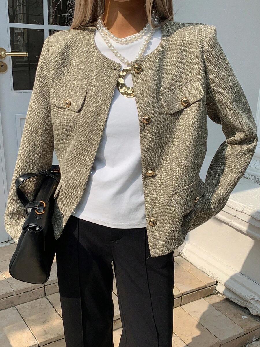 Livesso 女士休闲常规款夹克，复古硬币图案，秋季女式外套 - 卡其色 - 查看 1