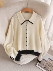 CosyJoli Áo khoác cardigan dáng rộng thanh lịch, giản dị, tinh tế, tối giản, đa năng cho công việc và kỳ nghỉ, áo khoác len dệt kim có cổ dành cho nữ, mùa thu/đông - Màu be - Xem 5