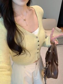 DAZY 女式休闲V领纽扣前长袖开衫，秋冬 - 綠色 - 查看 2