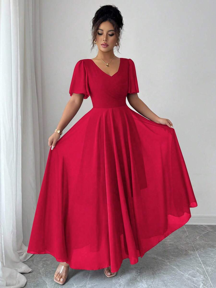 SHEIN Elenzya 荷叶边袖腰部收紧 V 领 A 字型简约优雅浪漫精致女士连衣裙 - 紅色 - 查看 1