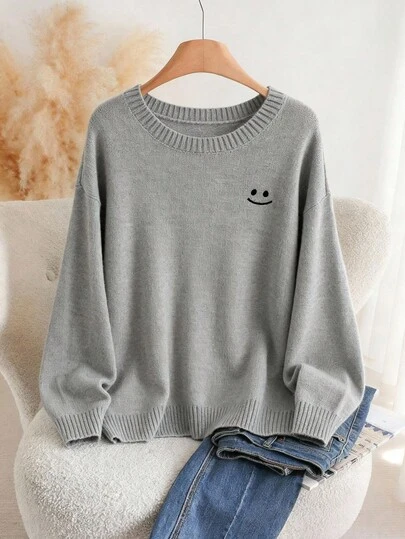 Franclia 大码女式套头毛衣，简约笑脸设计，秋冬