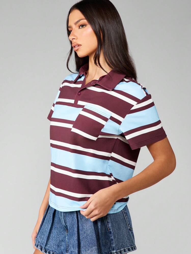 MISSGUIDED Vintage Polo Rugby Striped Cropped Top Button Front College Style Weekend Casual Campus Classic Collared Tee