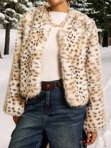 SHEIN LUNE Abrigo corto de manga larga con forro de piel sintética para mujer de talla grande, adecuado para un estilo de oficina sexy, baile, San Valentín, crucero, viajes, negocios, vintage, fiesta, vacaciones, salida, dinero antiguo, capas ricas, cita, reunión, minimalismo, cumpleaños, evento formal, chica sexy, Ibiza, Nashville, vacaciones, recatado, elegante, casual, compras, ropa de calle, salir, que favorece tu figura, mostrando tu impresionante figura en otoño e invierno con estampado de leopardo - Multicolor - Ver 4