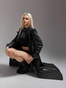 SHEIN ICON 女式长款 PU 夹克，配有可折叠袖口和腰带，适合秋冬女性 - 黑色 - 查看 7