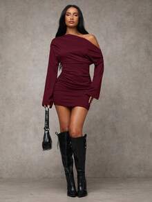 SHEIN BAE Women's Fashion Sexy Solid Color Asymmetric Neck Mini Dress,Dresses For Women Elegant